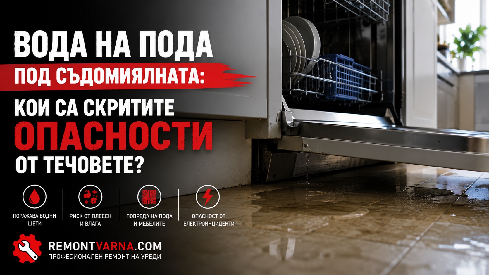 Вода на пода под съдомиялната
